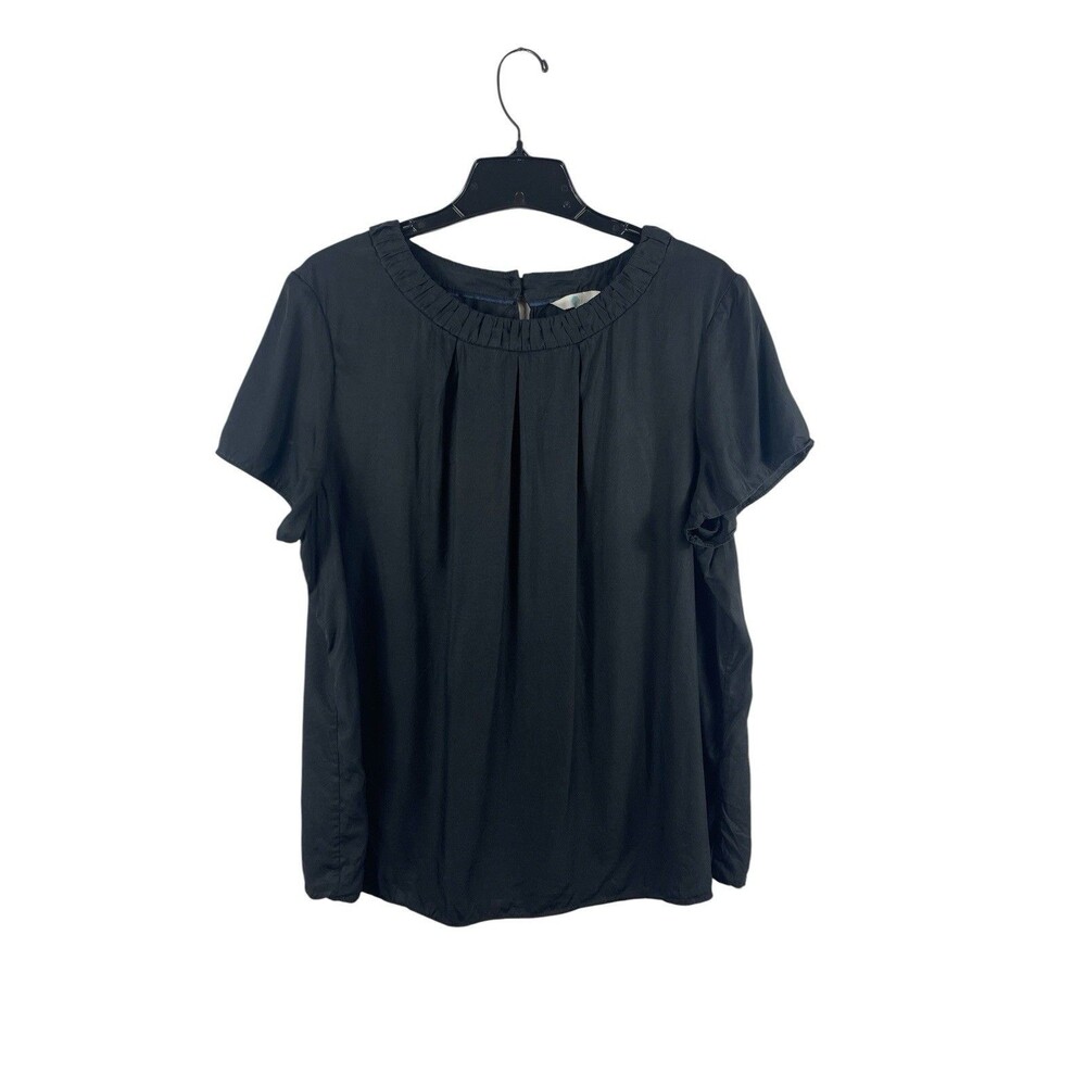 Boden Black Silk Blend Blouse Women’s US 12 Pleated Neck Short Sleeve Top